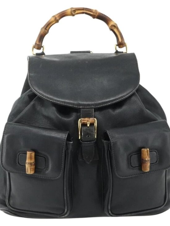 GUCCI Bamboo Backpack Leather Black Gold Auth main image 15